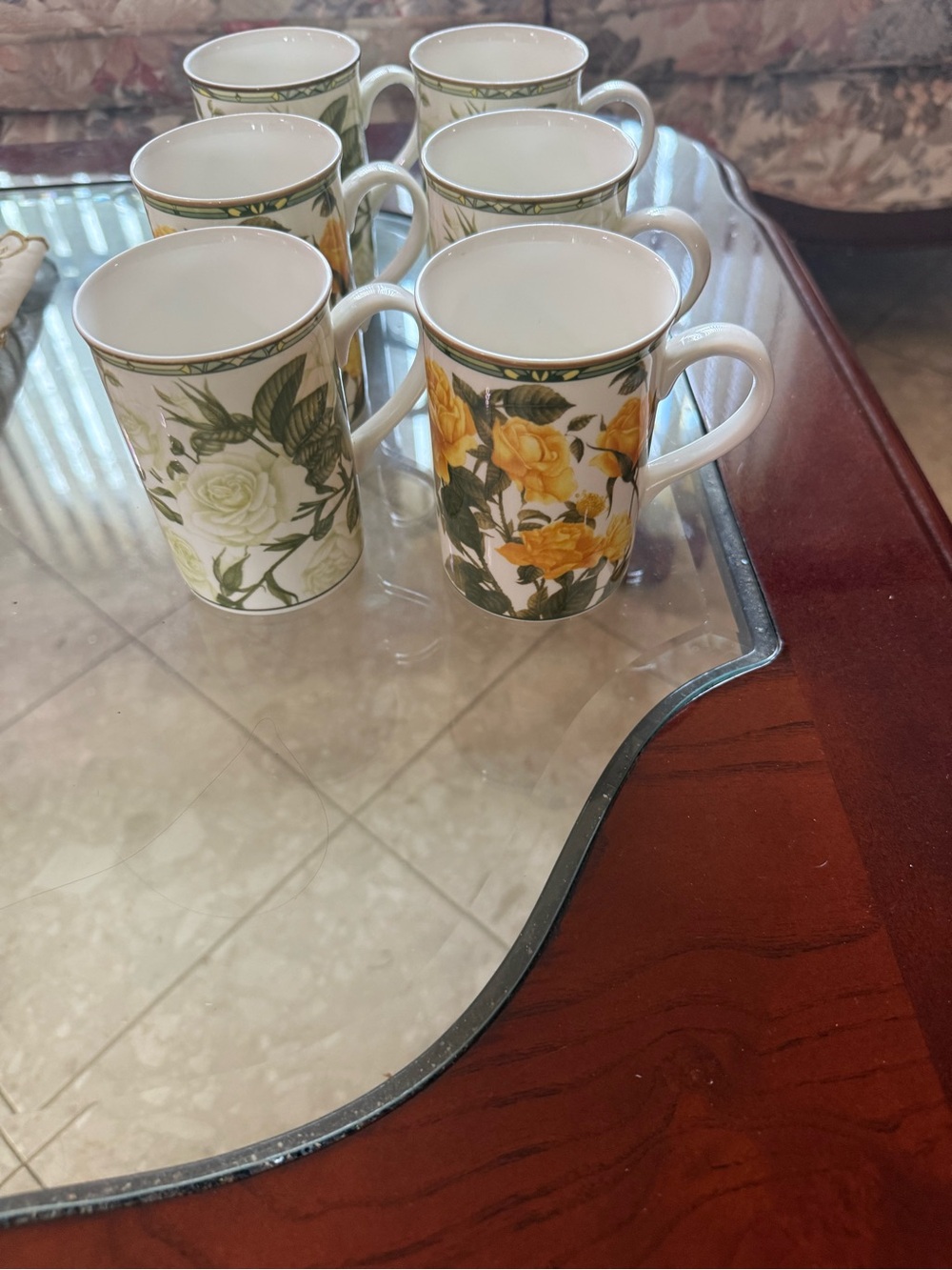 Royal Bones Yellow & Green Floral Porcelain Mugs (Set of 6)
